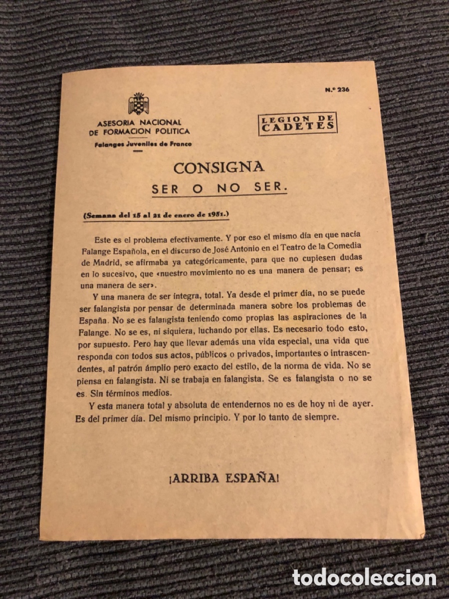 Otros Art&iacute;culos de Coleccionismo en Papel: Consigna Legi&oacute;n de Cadete, num 236, Asesoria Nacional de Formaci&oacute;n Pol&iacute;tica. Falanges Juveniles (L9)