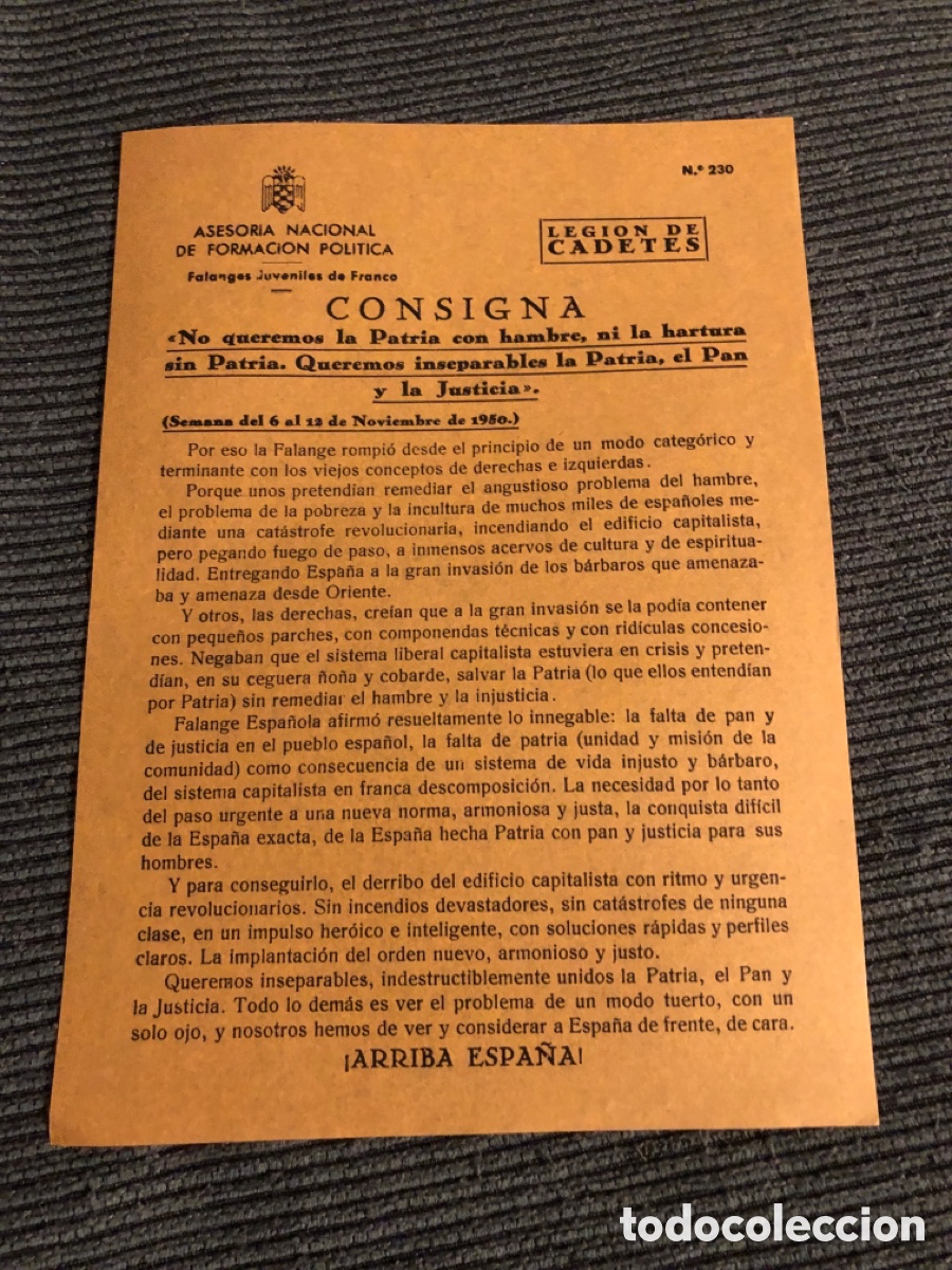 Otros Art&iacute;culos de Coleccionismo en Papel: Consigna Legi&oacute;n de Cadete, num 230, Asesoria Nacional de Formaci&oacute;n Pol&iacute;tica. Falanges Juveniles (L9)