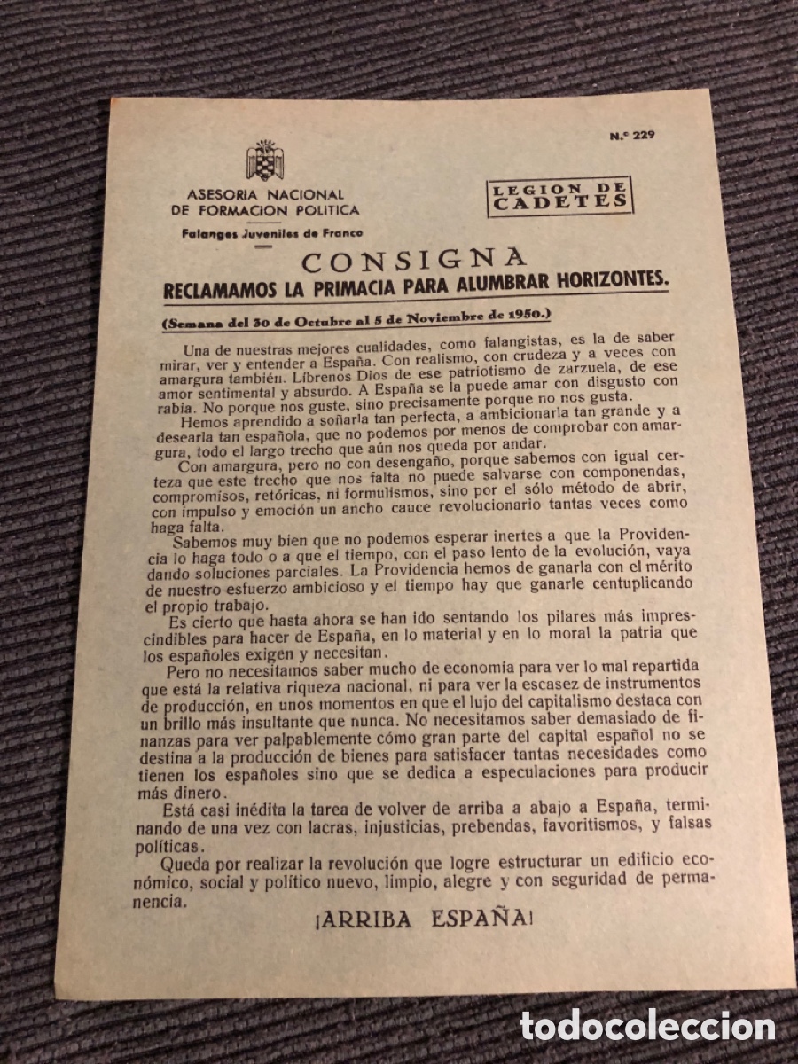 Otros Art&iacute;culos de Coleccionismo en Papel: Consigna Legi&oacute;n de Cadete, num 229, Asesoria Nacional de Formaci&oacute;n Pol&iacute;tica. Falanges Juveniles (L9)