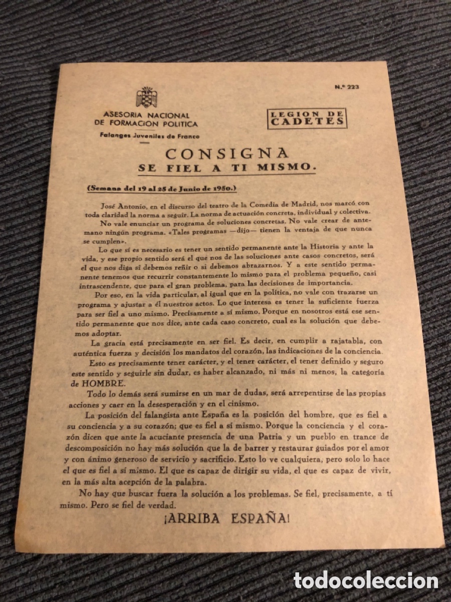Otros Art&iacute;culos de Coleccionismo en Papel: Consigna Legi&oacute;n de Cadete, num 223, Asesoria Nacional de Formaci&oacute;n Pol&iacute;tica. Falanges Juveniles (L9)