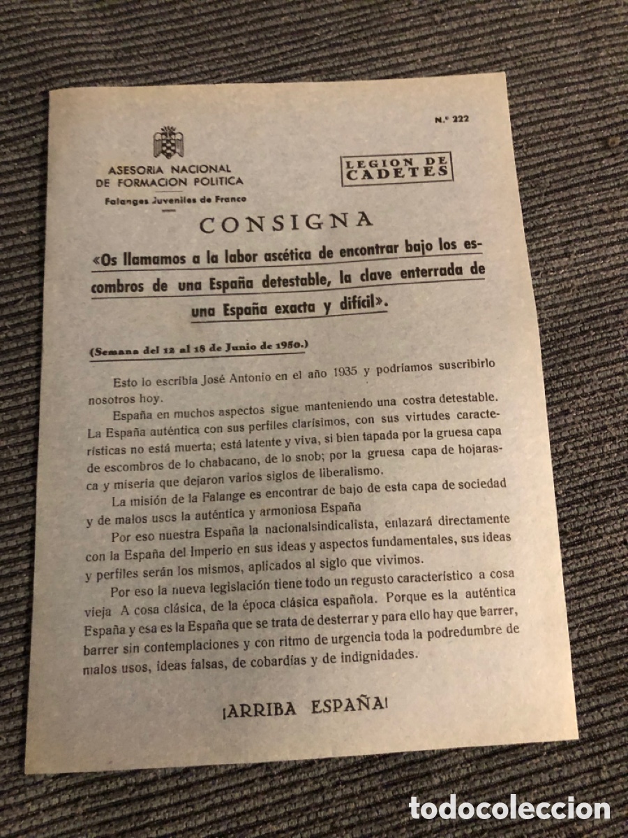 Otros Art&iacute;culos de Coleccionismo en Papel: Consigna Legi&oacute;n de Cadete, num 222, Asesoria Nacional de Formaci&oacute;n Pol&iacute;tica. Falanges Juveniles (L9)