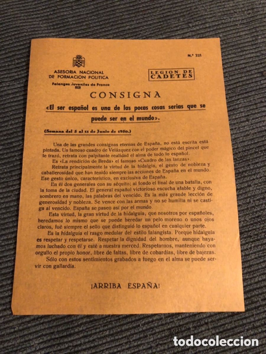 Outros artigos de papel: Consigna Legi&oacute;n de Cadete, num 221, Asesoria Nacional de Formaci&oacute;n Pol&iacute;tica. Falanges Juveniles (L9)