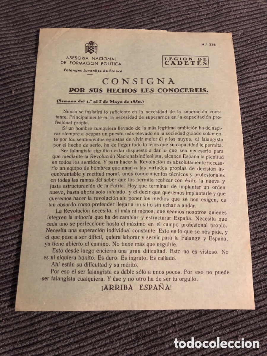 Otros Art&iacute;culos de Coleccionismo en Papel: Consigna Legi&oacute;n de Cadete, num 216, Asesoria Nacional de Formaci&oacute;n Pol&iacute;tica. Falanges Juveniles (L9)