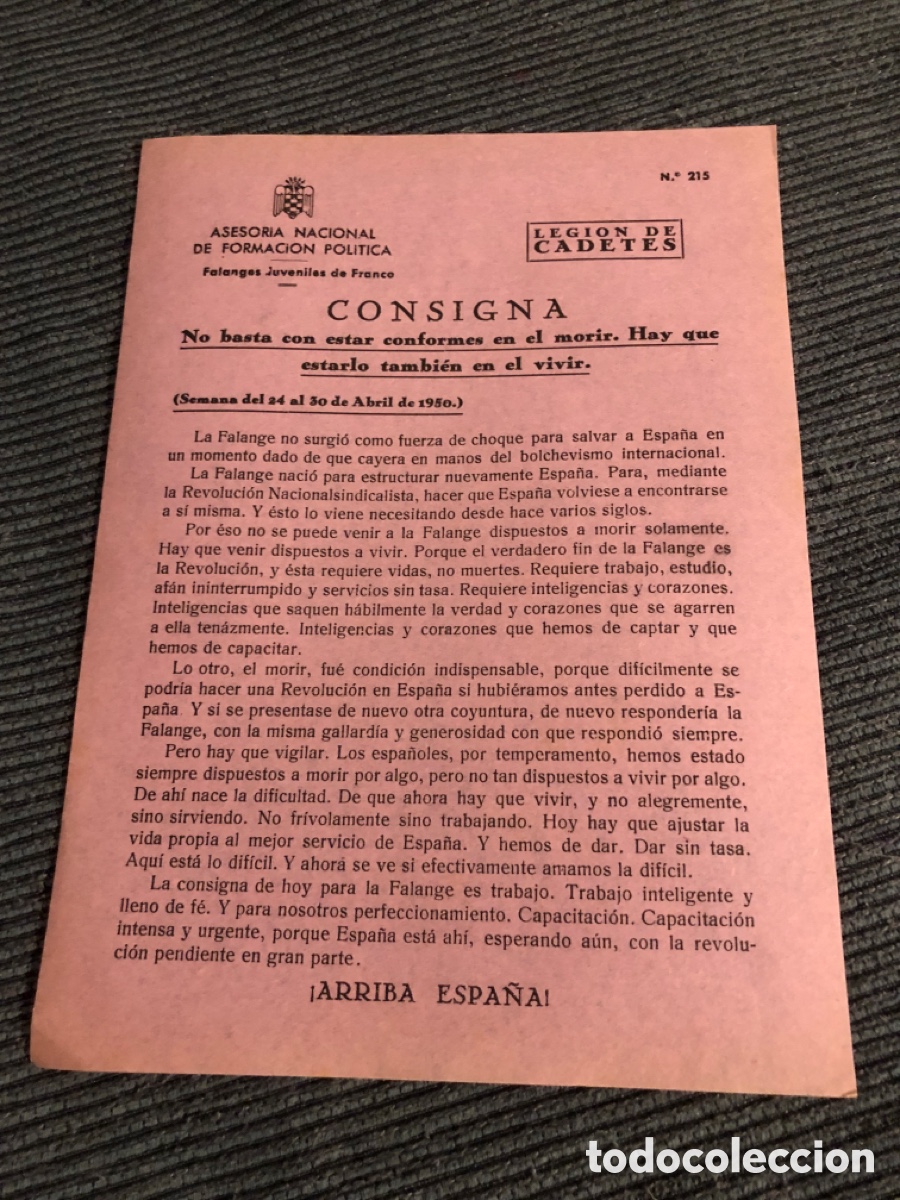 Otros Art&iacute;culos de Coleccionismo en Papel: Consigna Legi&oacute;n de Cadete, num 215, Asesoria Nacional de Formaci&oacute;n Pol&iacute;tica. Falanges Juveniles (L9)