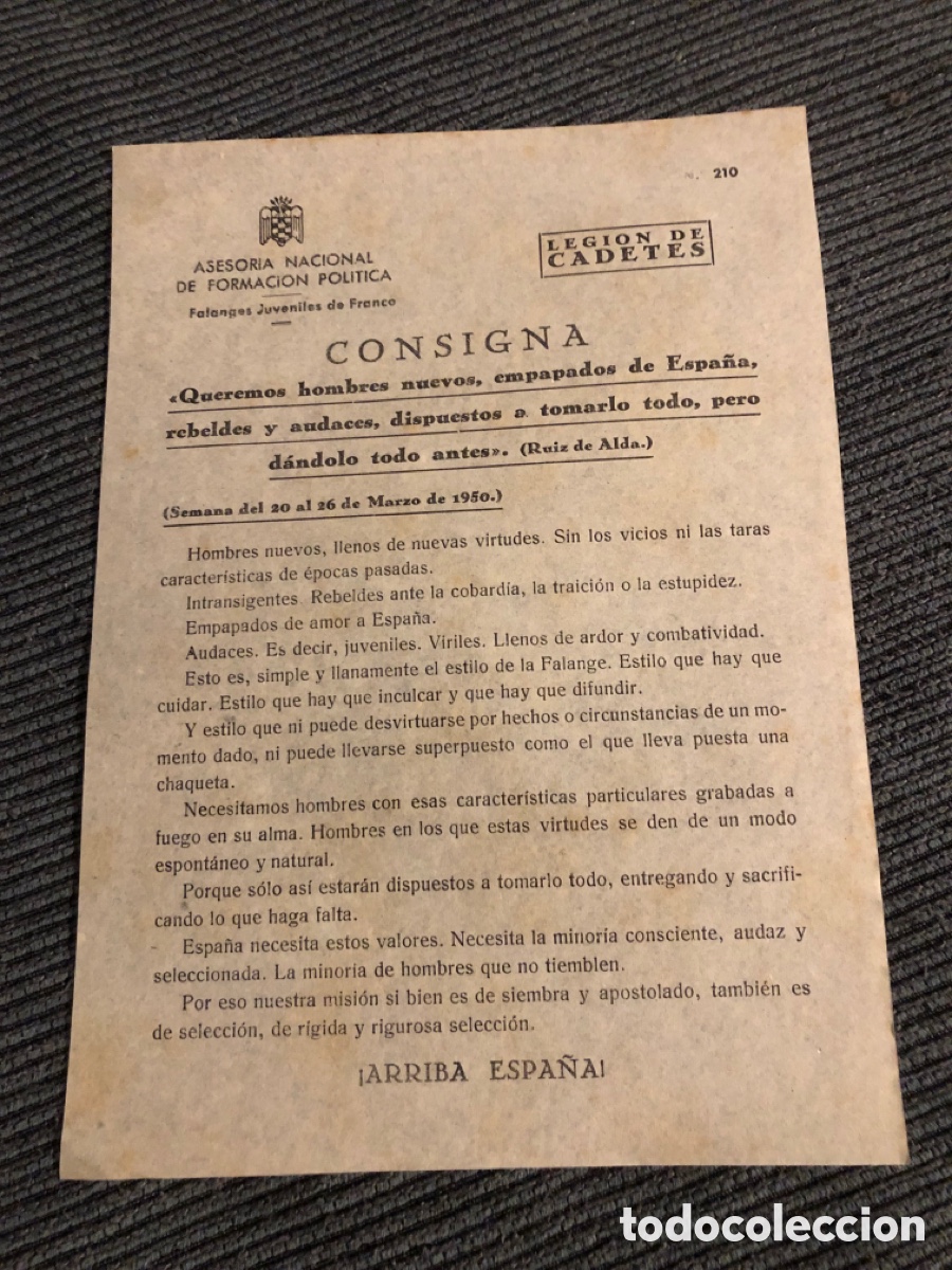 Outros artigos de papel: Consigna Legi&oacute;n de Cadete, num 210, Asesoria Nacional de Formaci&oacute;n Pol&iacute;tica. Falanges Juveniles (L9)