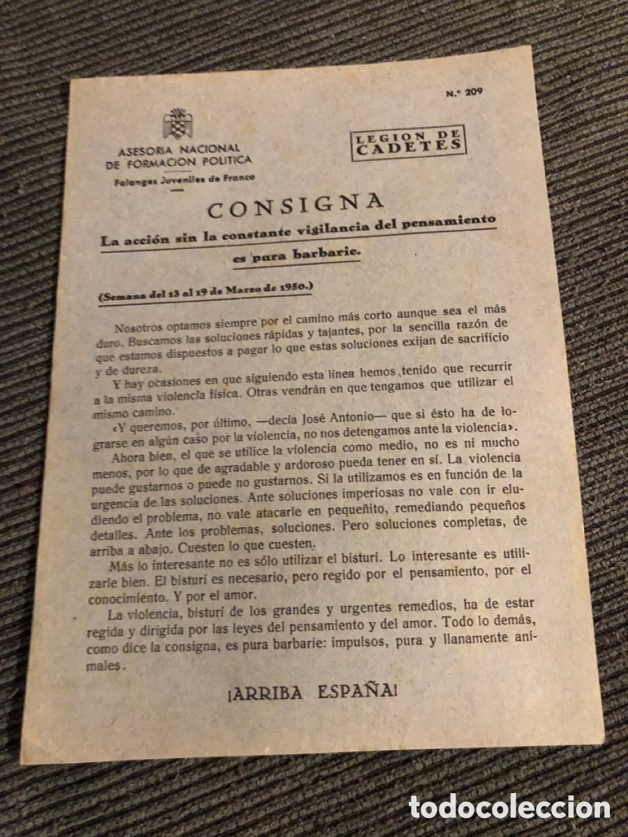 Otros Art&iacute;culos de Coleccionismo en Papel: Consigna Legi&oacute;n de Cadete, num 209, Asesoria Nacional de Formaci&oacute;n Pol&iacute;tica. Falanges Juveniles (L9)