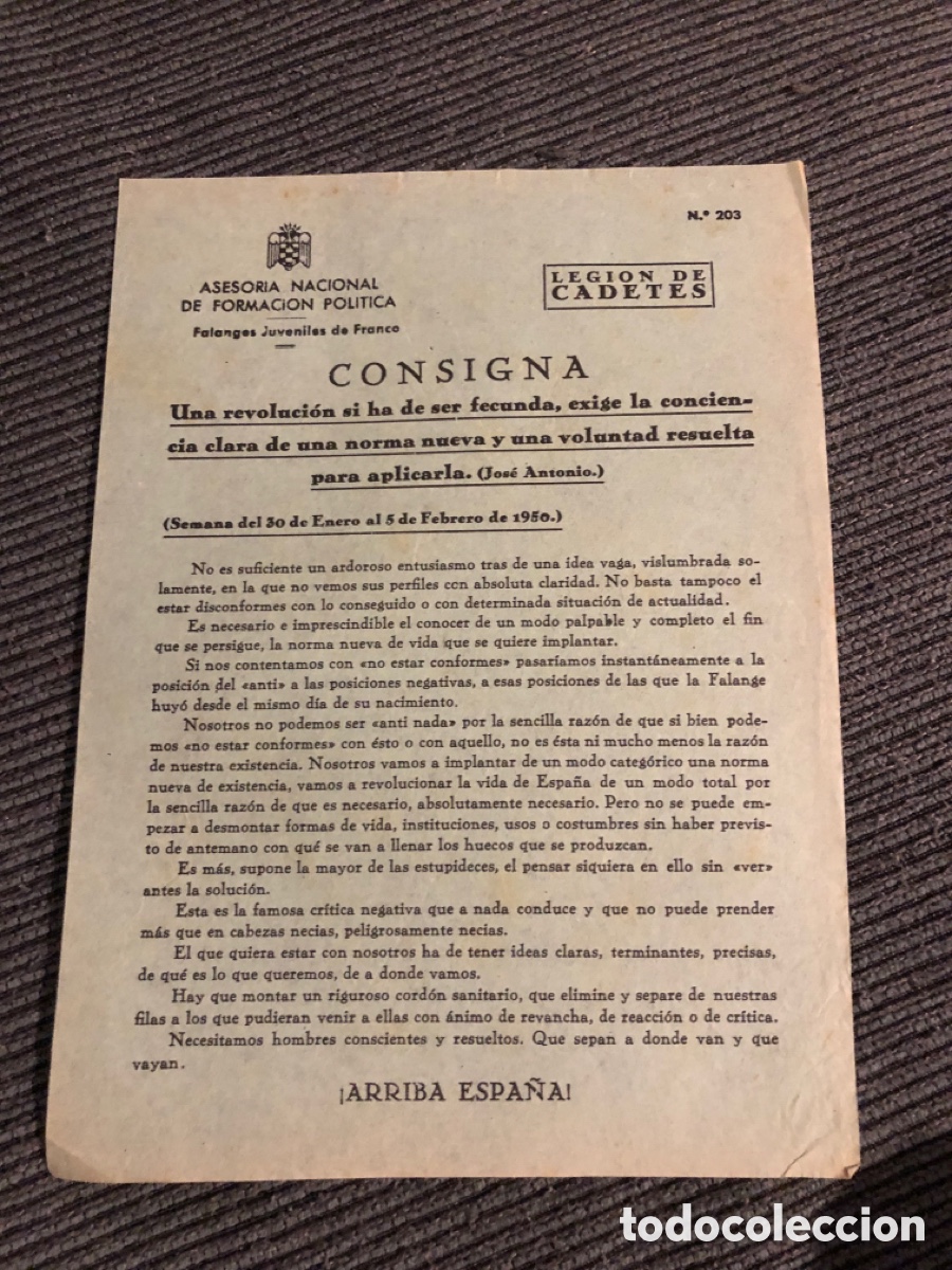 Otros Art&iacute;culos de Coleccionismo en Papel: Consigna Legi&oacute;n de Cadete, num 203, Asesoria Nacional de Formaci&oacute;n Pol&iacute;tica. Falanges Juveniles (L9)