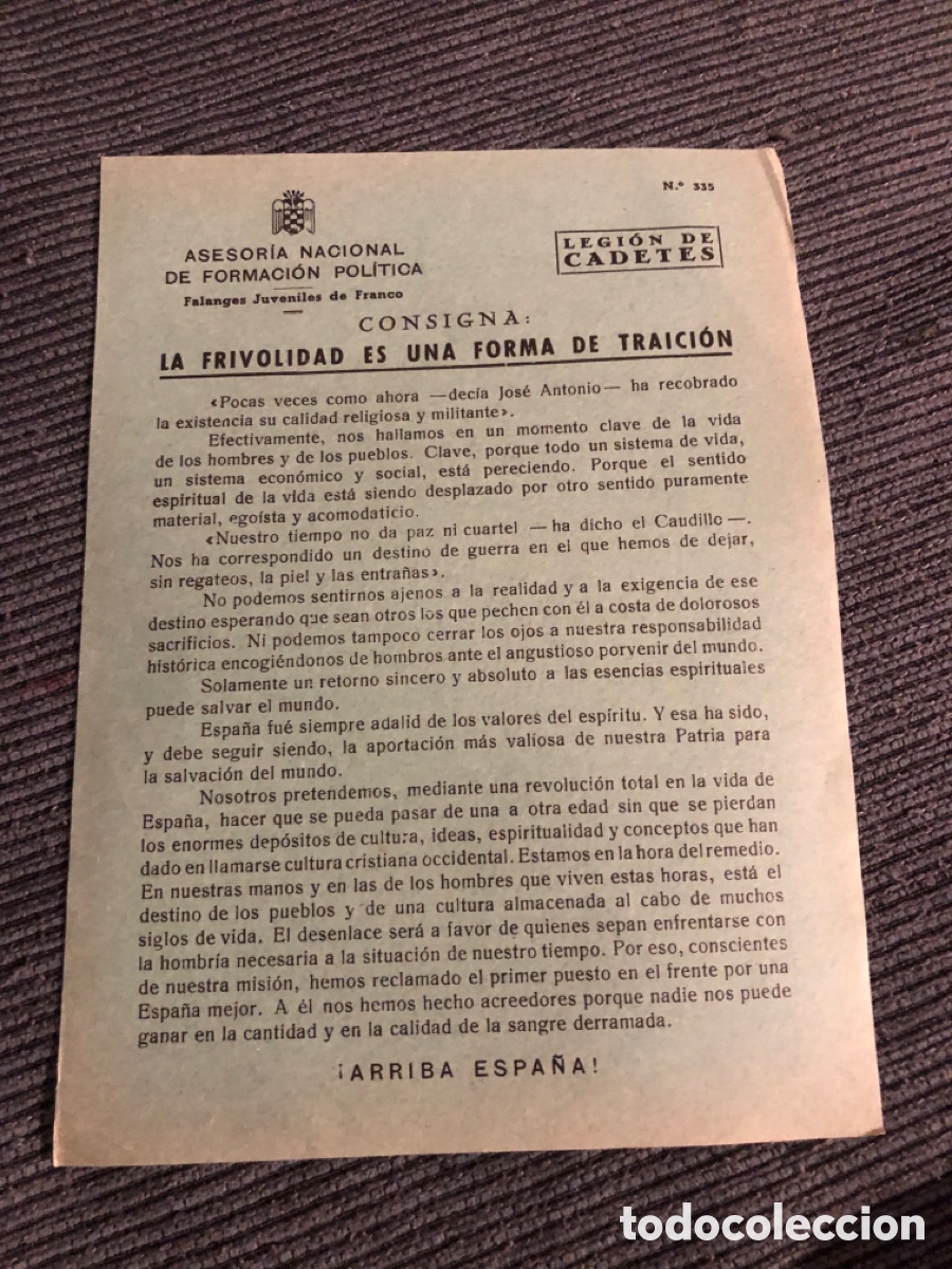 Otros Art&iacute;culos de Coleccionismo en Papel: Consigna Legi&oacute;n de Cadete, num 335, Asesoria Nacional de Formaci&oacute;n Pol&iacute;tica. Falanges Juveniles (L9)