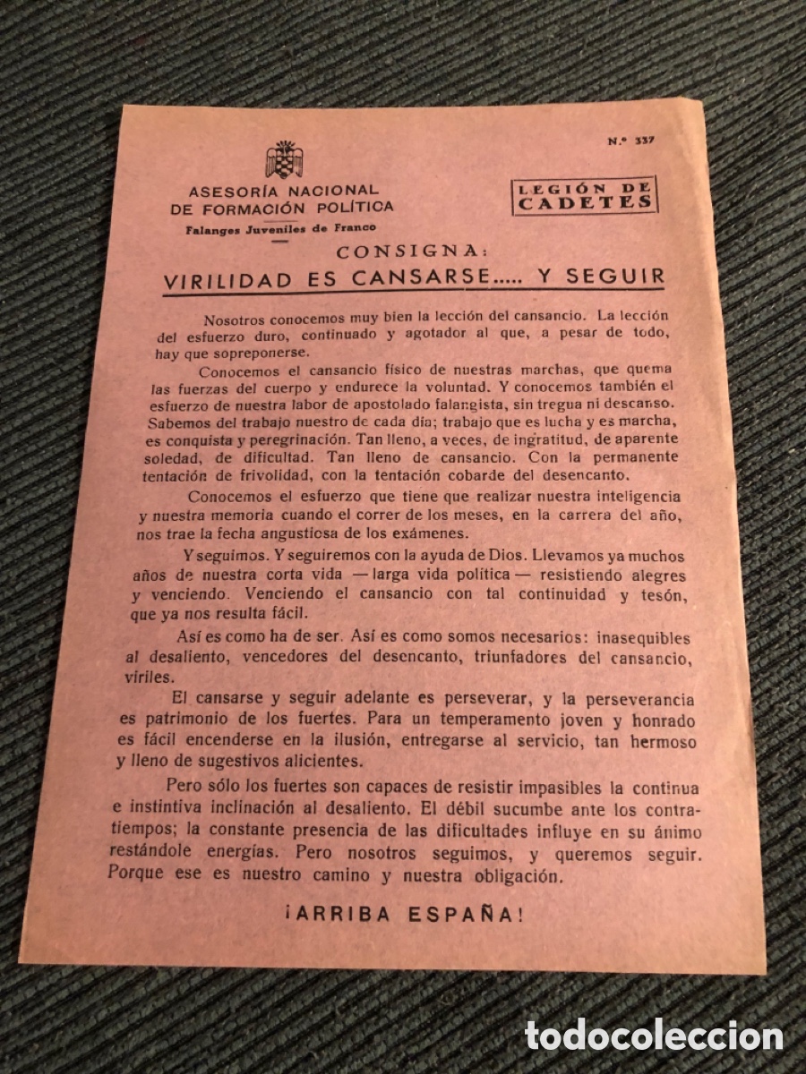 Otros Art&iacute;culos de Coleccionismo en Papel: Consigna Legi&oacute;n de Cadete, num 337, Asesoria Nacional de Formaci&oacute;n Pol&iacute;tica. Falanges Juveniles (L9)