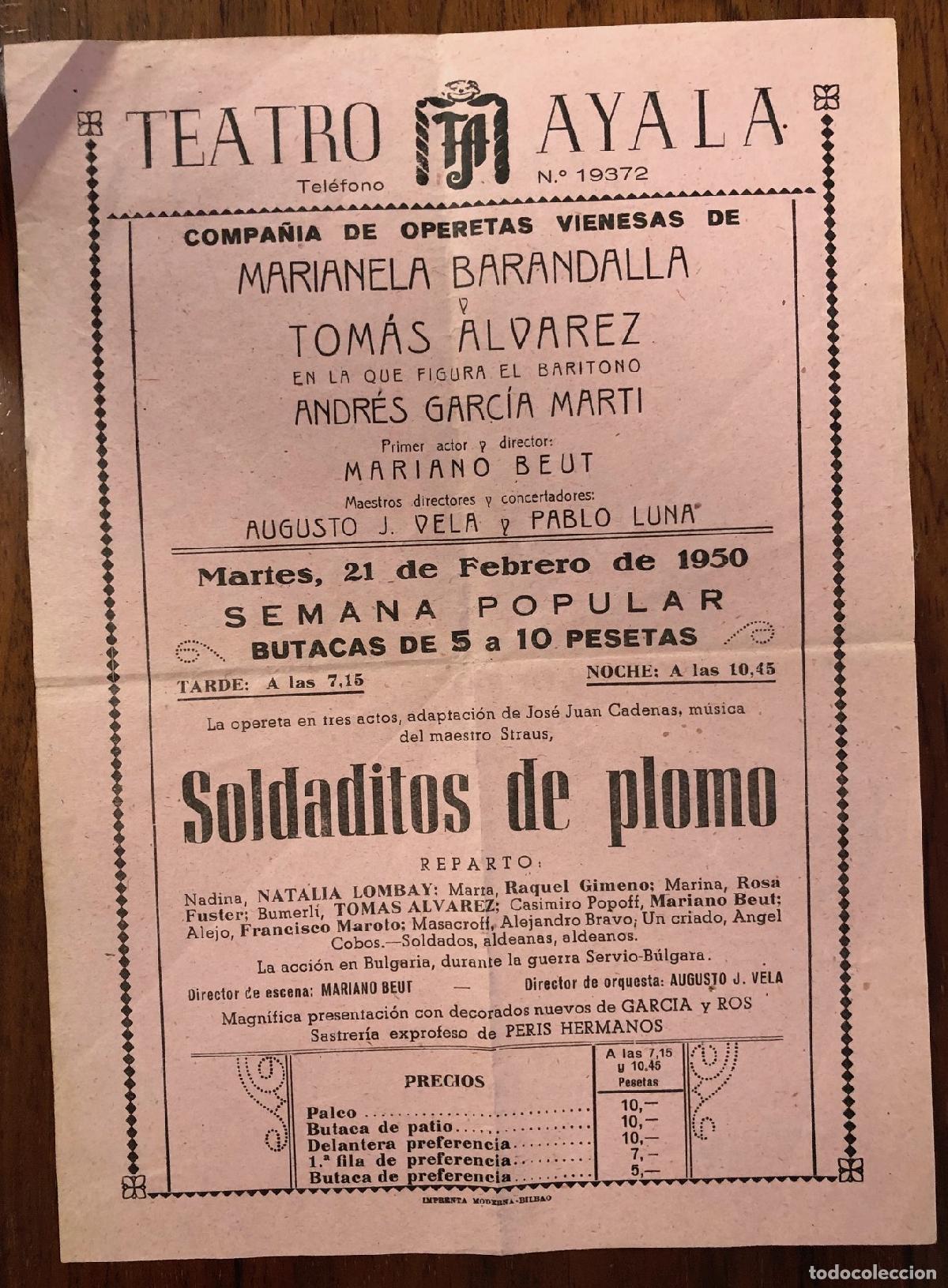 Paper Collecting Others: CARTEL TEATRO AYALA BILBAO COMPA&Ntilde;IA DE OPERETAS VIENESAS DE MARIANELA BARANDALLA Y TOMAS ALVAREZ