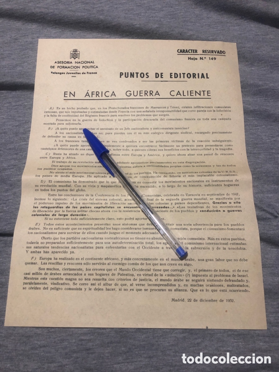 Outros artigos de papel: Puntos de Editorial, Asesoria Nacional de Formacion Politica, Falanges Juveniles de Franco (L9)