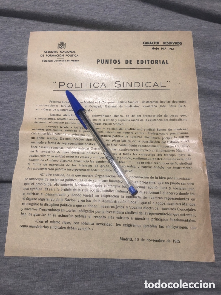 Outros artigos de papel: Puntos de Editorial, Asesoria Nacional de Formacion Politica, Falanges Juveniles de Franco (L9)