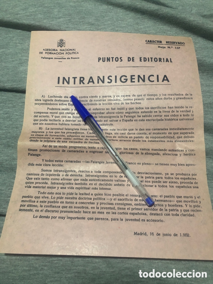 Outros artigos de papel: Puntos de Editorial, Asesoria Nacional de Formacion Politica, Falanges Juveniles de Franco (L9)