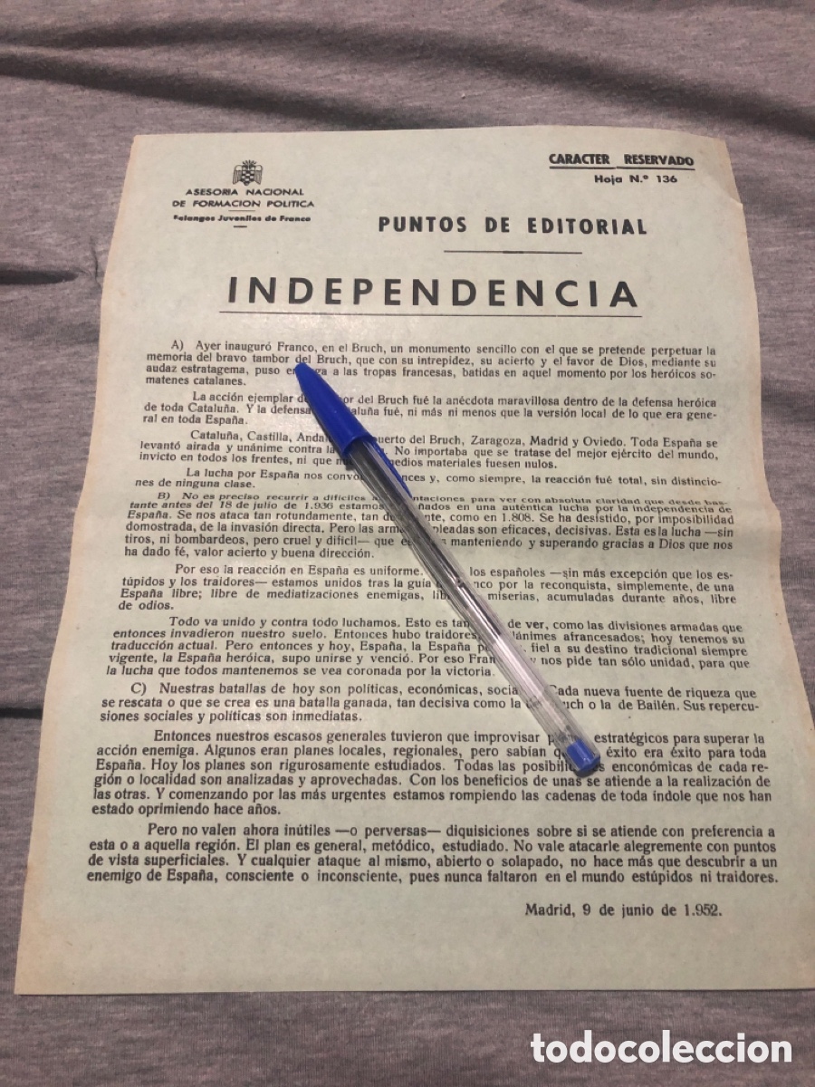 Outros artigos de papel: Puntos de Editorial, Asesoria Nacional de Formacion Politica, Falanges Juveniles de Franco (L9)