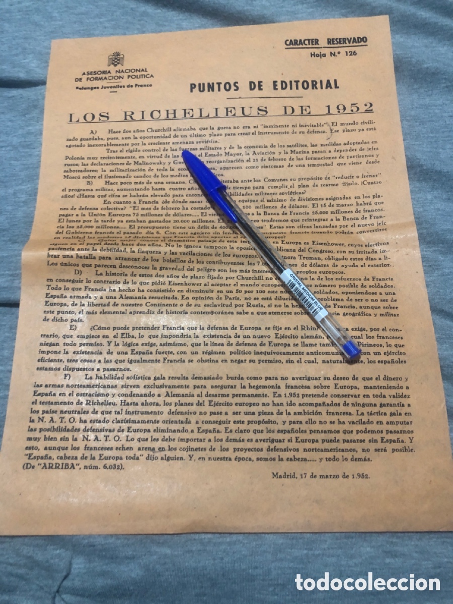 Outros artigos de papel: Puntos de Editorial, Asesoria Nacional de Formacion Politica, Falanges Juveniles de Franco (L9)