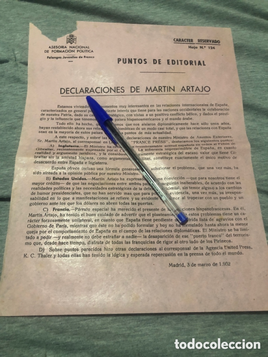 Outros artigos de papel: Puntos de Editorial, Asesoria Nacional de Formacion Politica, Falanges Juveniles de Franco (L9)