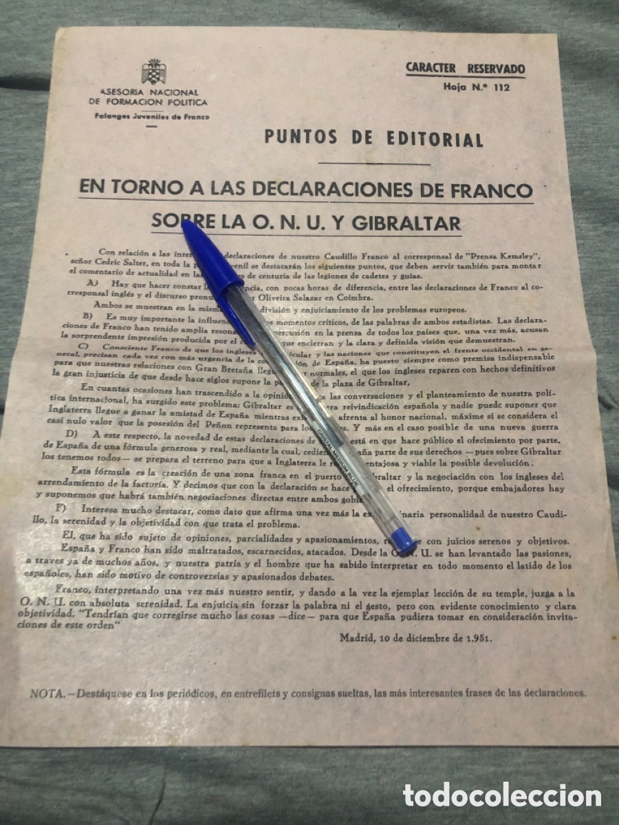 Outros artigos de papel: Puntos de Editorial, Asesoria Nacional de Formacion Politica, Falanges Juveniles de Franco (L9)