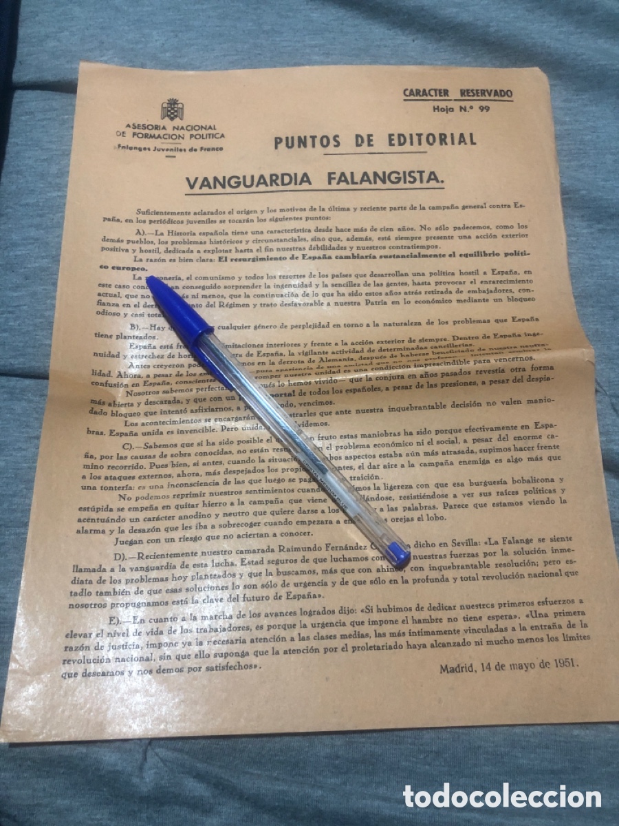 Outros artigos de papel: Puntos de Editorial, Asesoria Nacional de Formacion Politica, Falanges Juveniles de Franco (L9)
