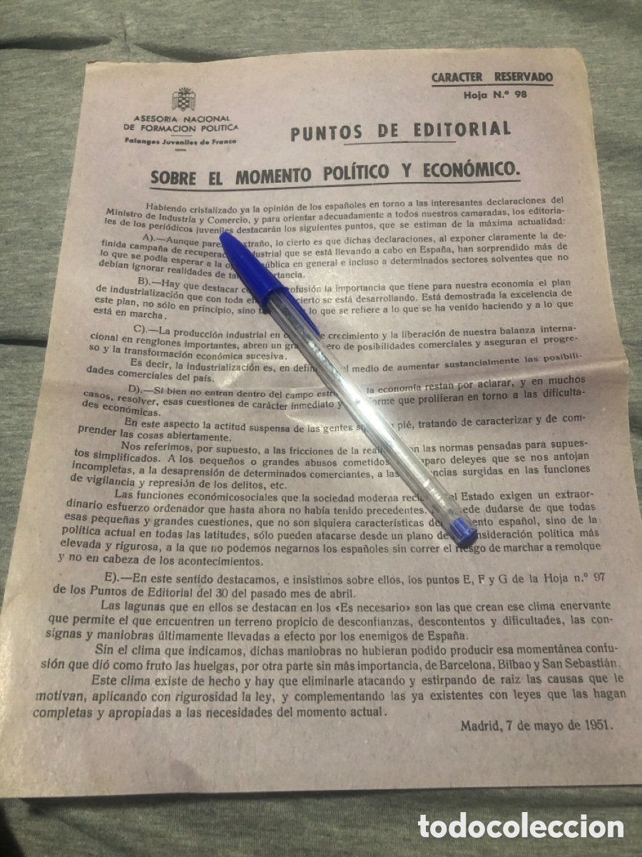 Outros artigos de papel: Puntos de Editorial, Asesoria Nacional de Formacion Politica, Falanges Juveniles de Franco (L9)