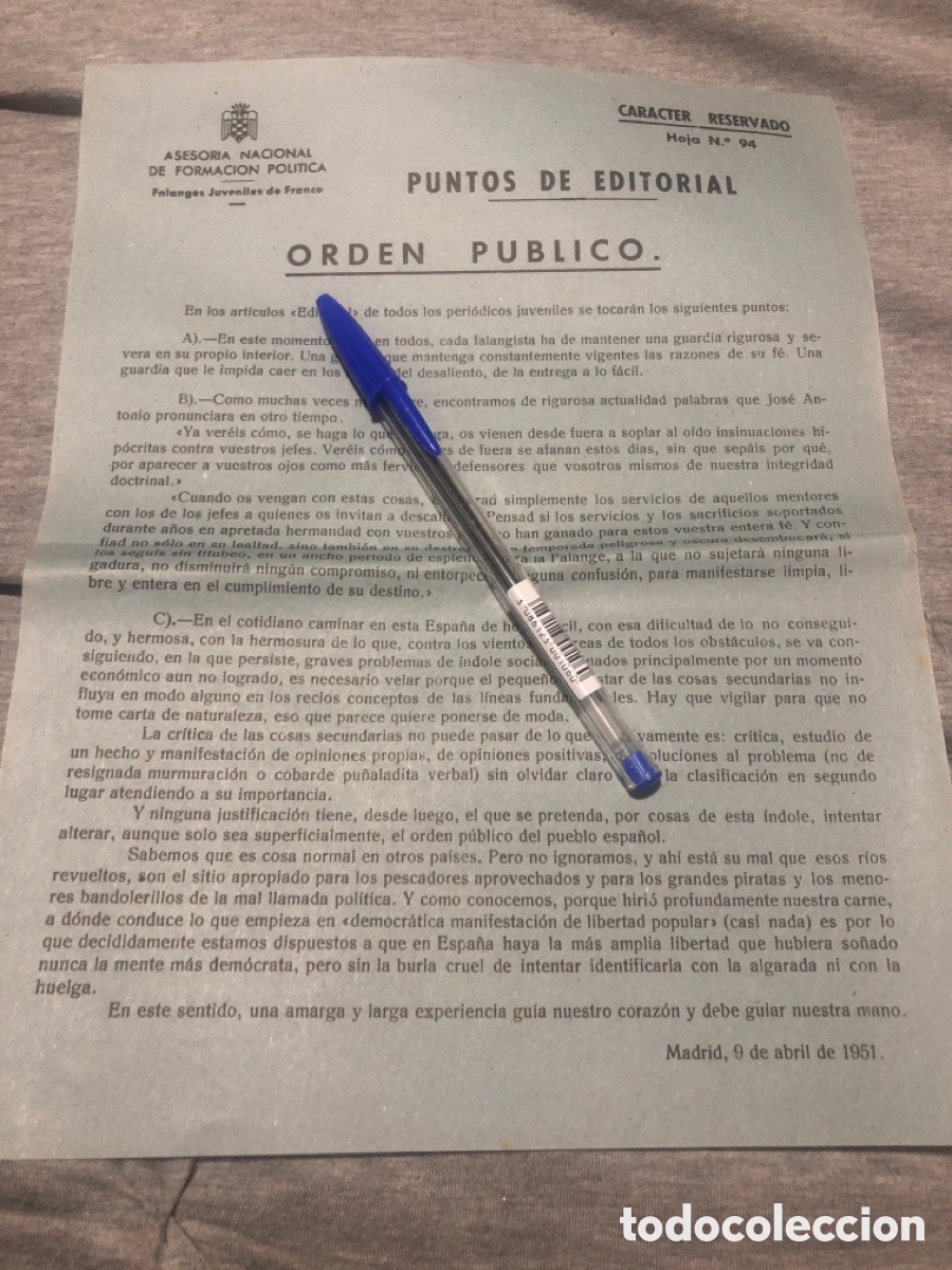 Outros artigos de papel: Puntos de Editorial, Asesoria Nacional de Formacion Politica, Falanges Juveniles de Franco (L9)