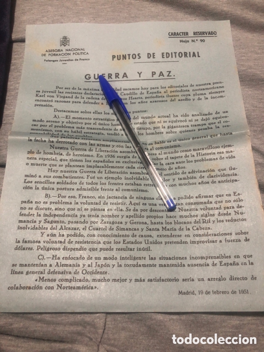 Outros artigos de papel: Puntos de Editorial, Asesoria Nacional de Formacion Politica, Falanges Juveniles de Franco (L9)