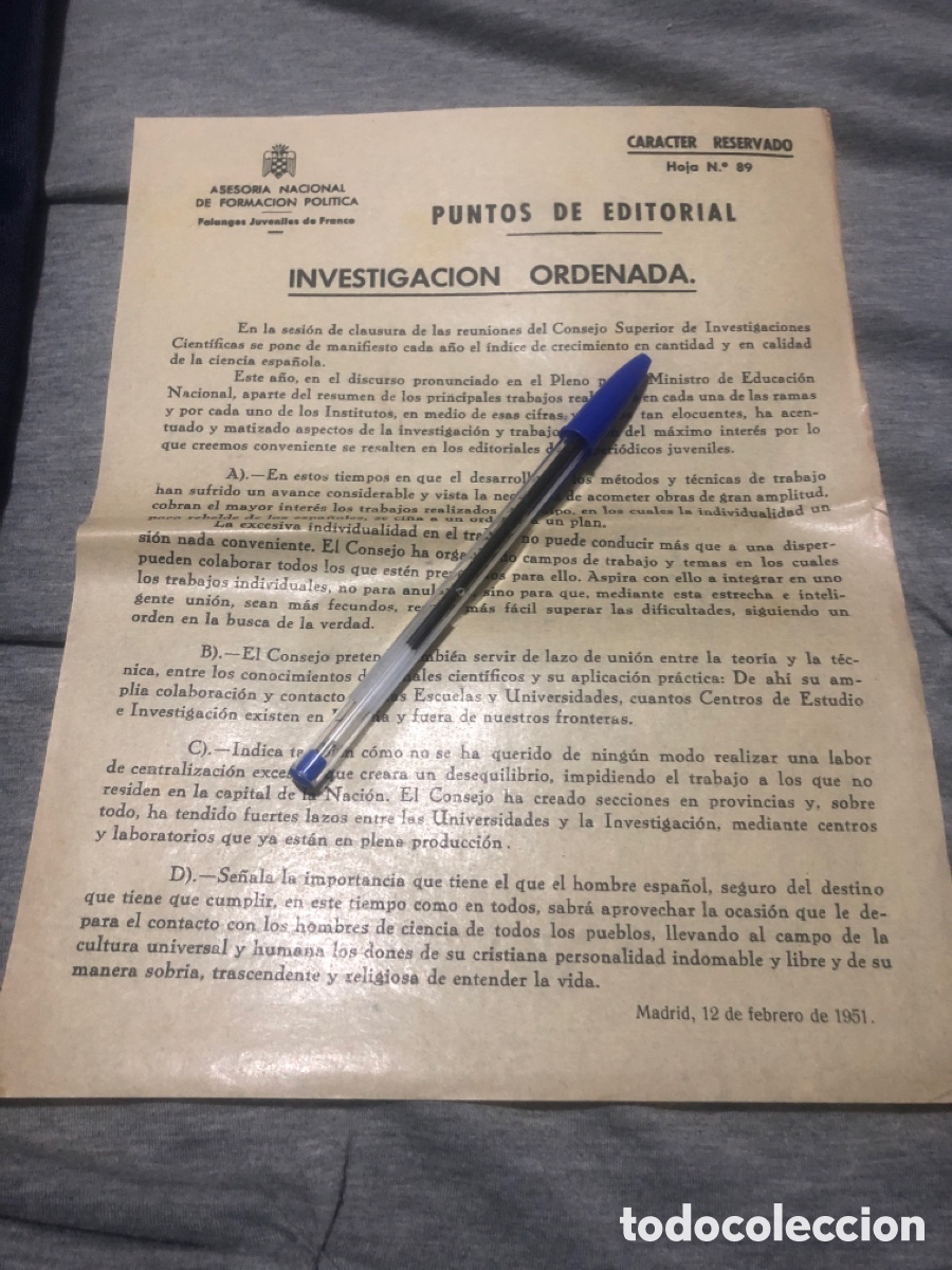 Outros artigos de papel: Puntos de Editorial, Asesoria Nacional de Formacion Politica, Falanges Juveniles de Franco (L9)