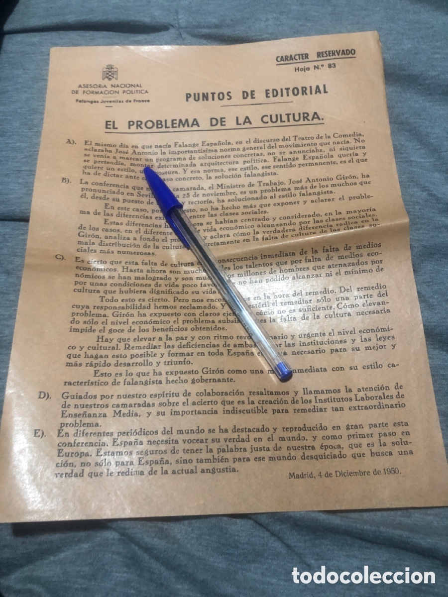 Outros artigos de papel: Puntos de Editorial, Asesoria Nacional de Formacion Politica, Falanges Juveniles de Franco (L9)