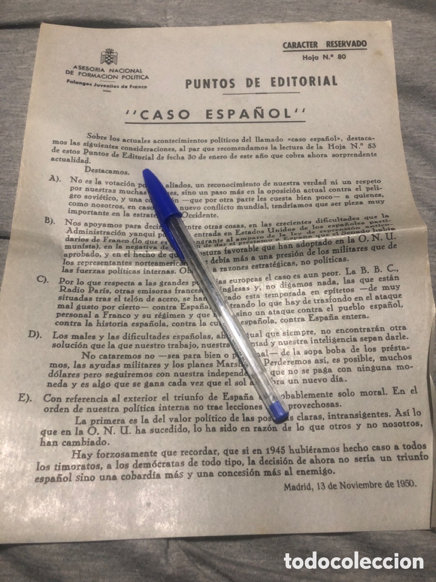 Outros artigos de papel: Puntos de Editorial, Asesoria Nacional de Formacion Politica, Falanges Juveniles de Franco (L9)