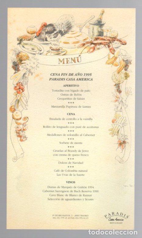 Otros art&iacute;culos de coleccionismo en papel: MENU CENA FIN DE A&Ntilde;O 1995 PARADIS CASA AMERICA. MADRID