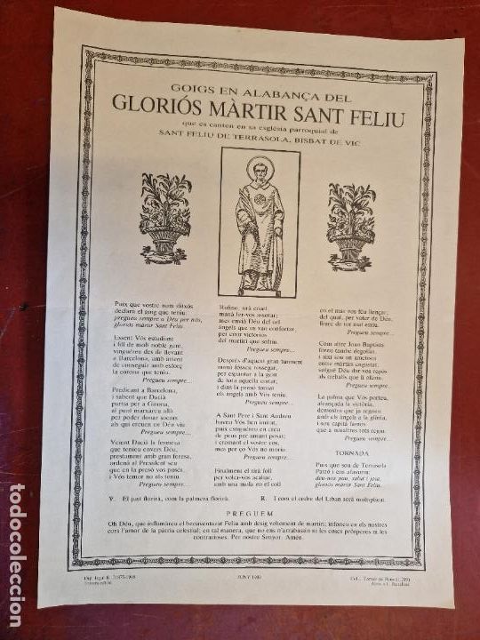 Outros artigos de papel: GOIS EN ALABAN&Ccedil;A DEL GLORI&Oacute;S M&Agrave;RTIR SANT FELIU. JUNY 1989. MEDIDAS 32*23 CM