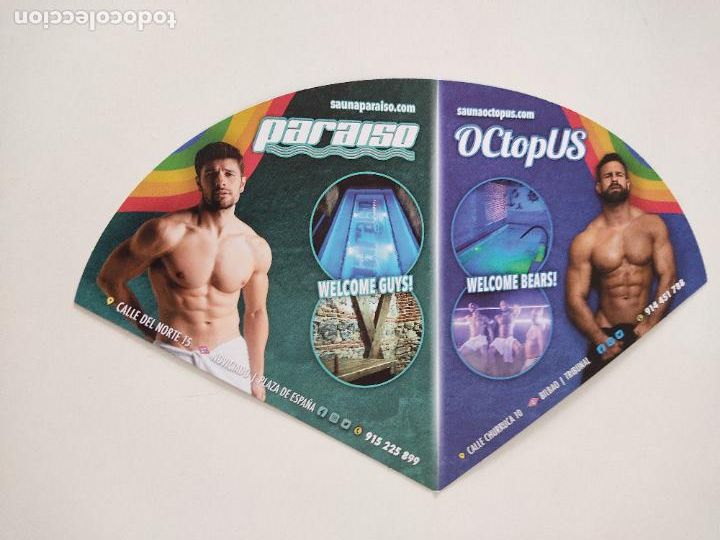 Otros Art&iacute;culos de Coleccionismo en Papel: ABANICO CART&Oacute;N GAY HOMBRE MEN LGTBIQ+ PARAISO OCTOPUS WELCOME GUYS BEARS SAUNA BEACH