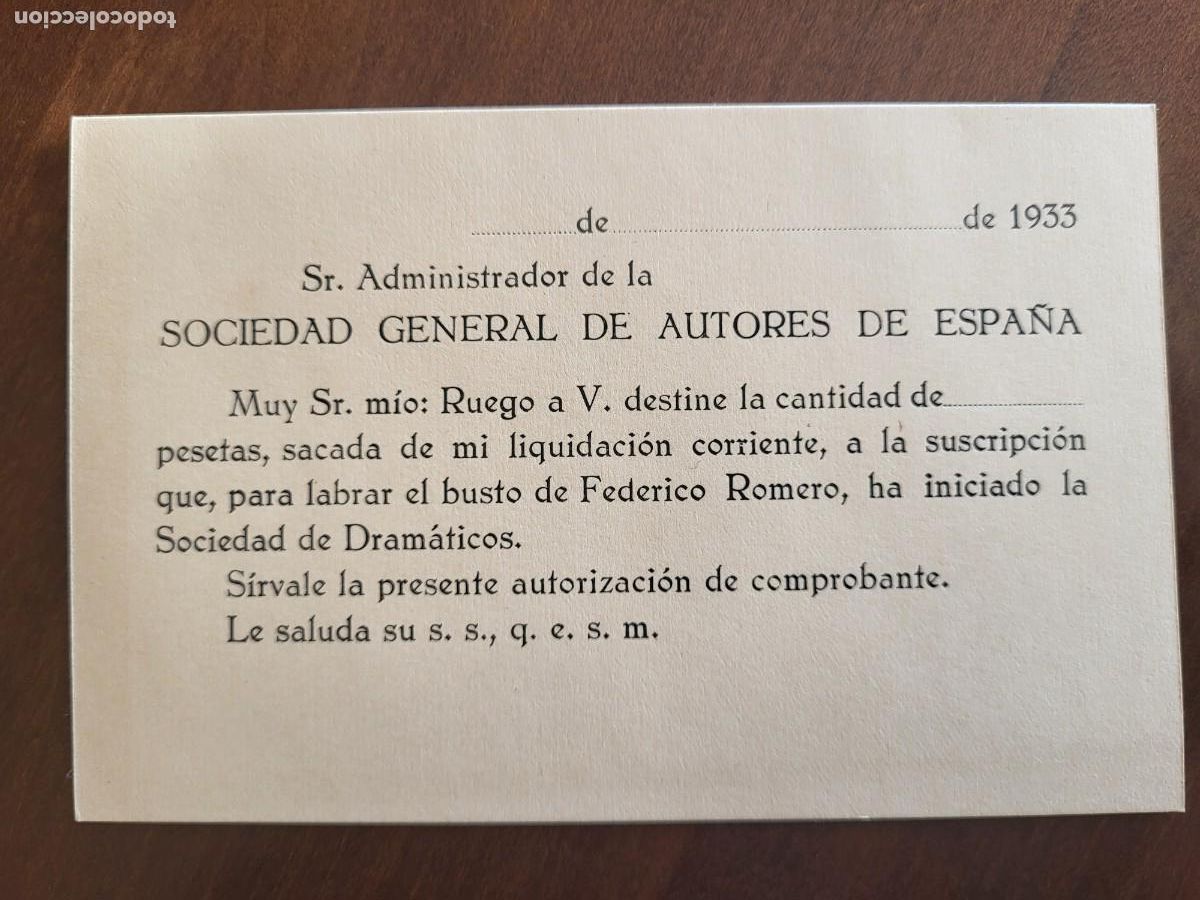 Collectionnisme Papier divers: SUSCRIPCION PARA EL MONUNENTO DEL ESCRITOR MUSICAL FEDERICO ROMERO SOCIEDAD DE DRAMATICOS 1933