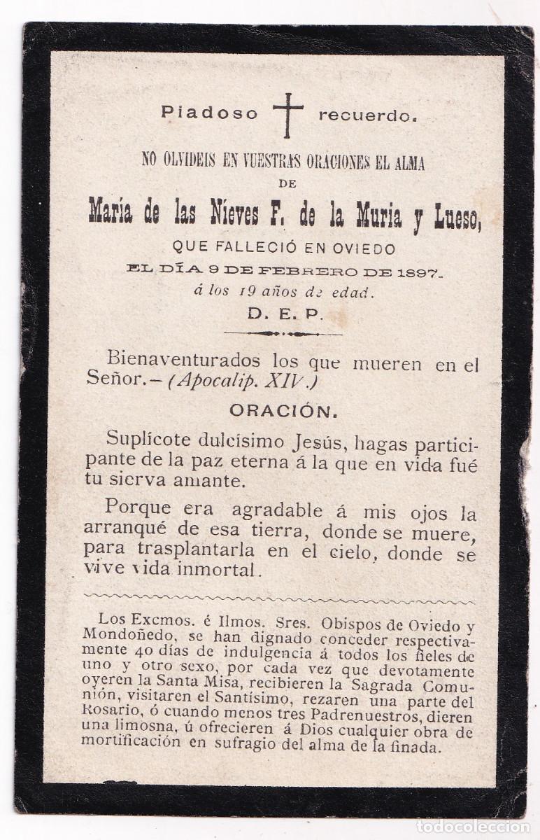 Paper Collecting Others: RECORDATORIO DE DIFUNTOS. MAR&Iacute;A DE LAS NIEVES F. DE LA MURIA Y LUESO. OVIEDO. 1897. ASTURIAS