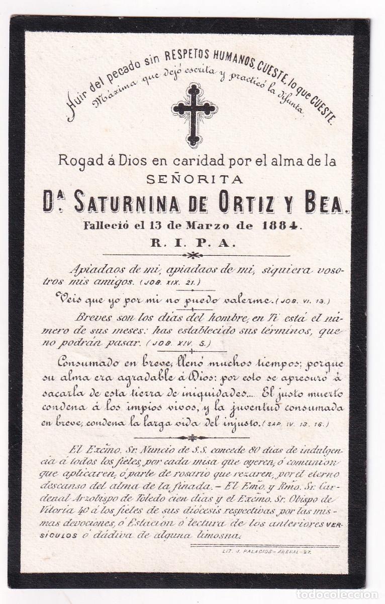 Paper Collecting Others: RECORDATORIO DE DIFUNTOS. SE&Ntilde;ORITA SATURNINA DE ORTIZ Y BEA. SEGURAMENTE MADRID, 1884