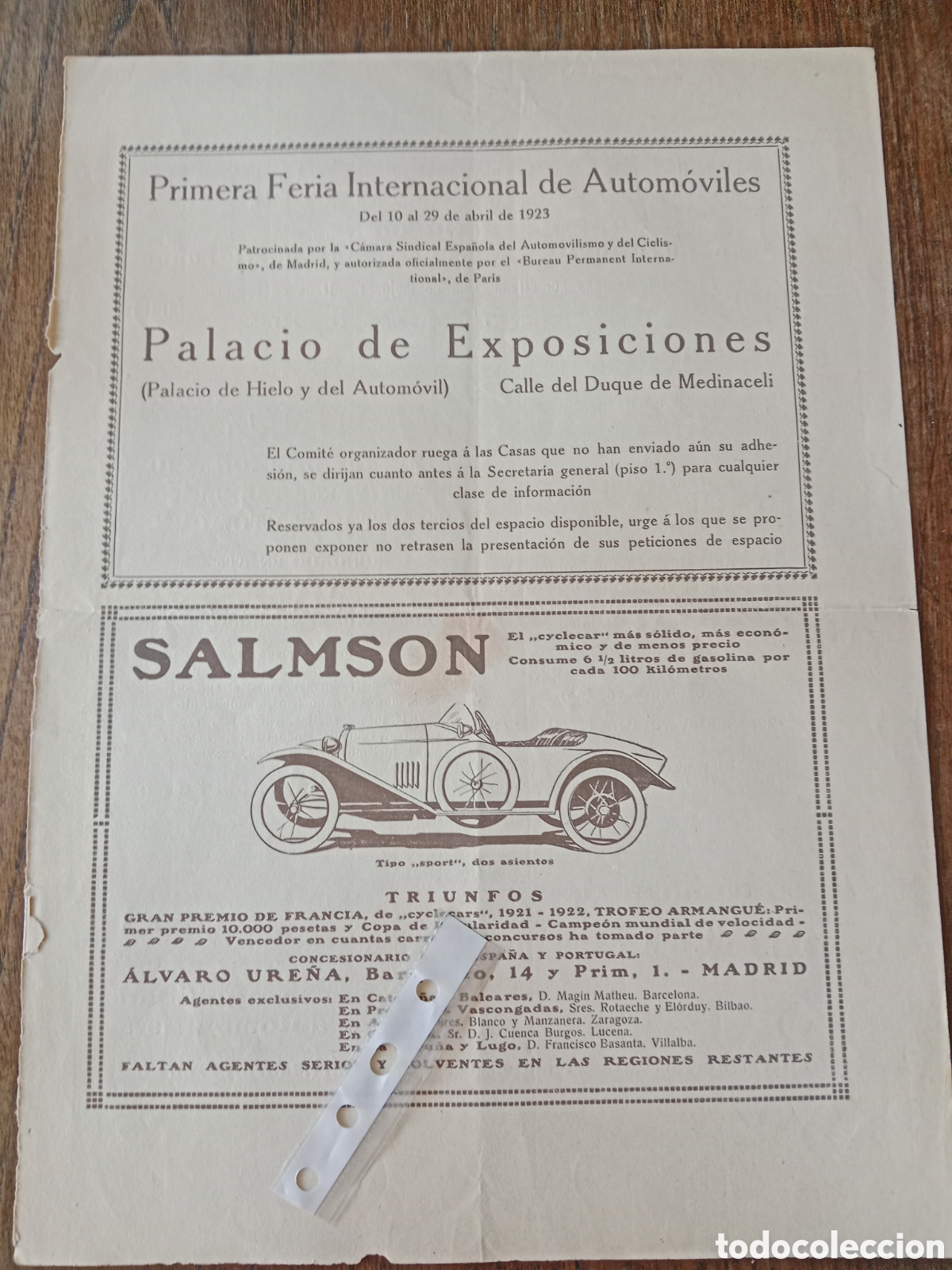 Outros artigos de papel: Publicidad autom&oacute;vil Salmson de 1923