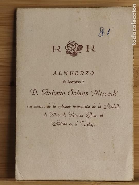 Otros art&iacute;culos de coleccionismo en papel: BARCELONA - ROSALEDA - HOMENAJE A ANTONIO SOLANS MERCADE - MENU A&Ntilde;O 1948-VER FOTOS-(K-12.367)