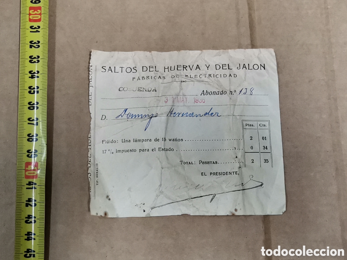 Otros Art&iacute;culos de Coleccionismo en Papel: Factura recibo luz electricidad saltos huerva y jalon cosuenda guerra civil