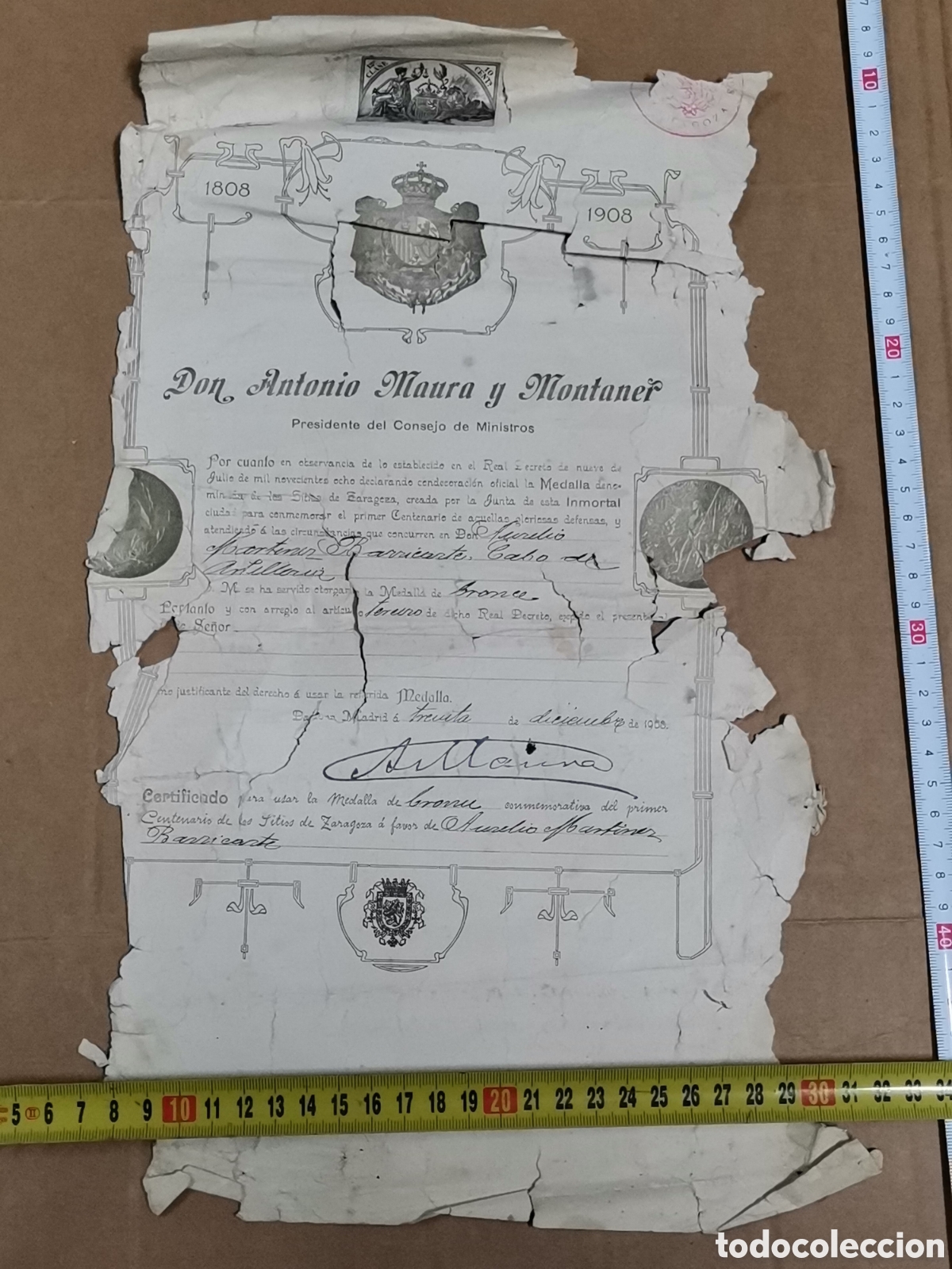 Otros art&iacute;culos de coleccionismo en papel: Medalla bronce conmemorativa toma sitios zaragoza 1908