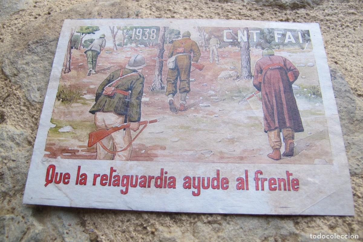 Altri oggetti di carta: QUE LA RETAGUARDIA AYUDE AL FRENTE. C.N.T. F.A.I. 1938 TAMA&Ntilde;O POSTAL
