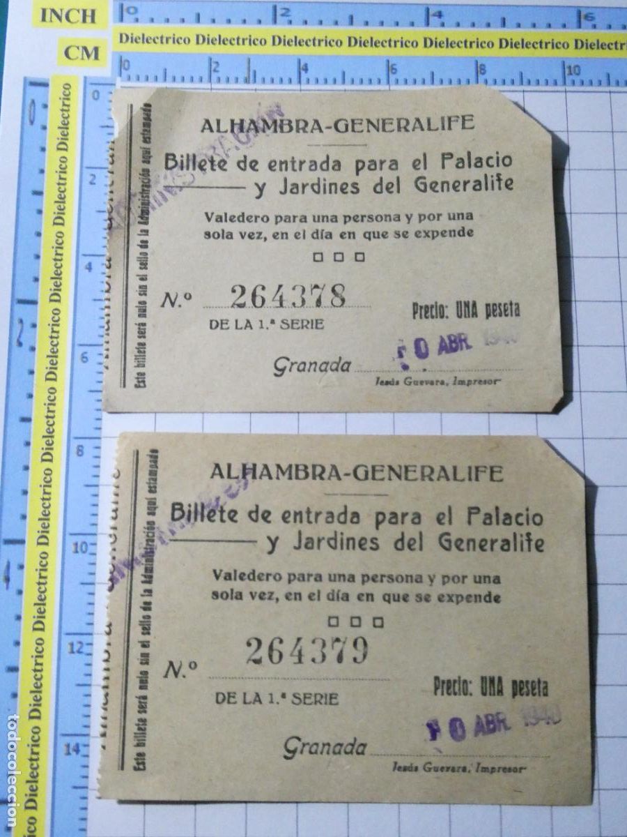 Outros artigos de papel: 2 ENTRADAS TICKETS BILLETES ENTRADA ALHAMBRA PALACIO GENERALIFE A&Ntilde;O 1940. 800