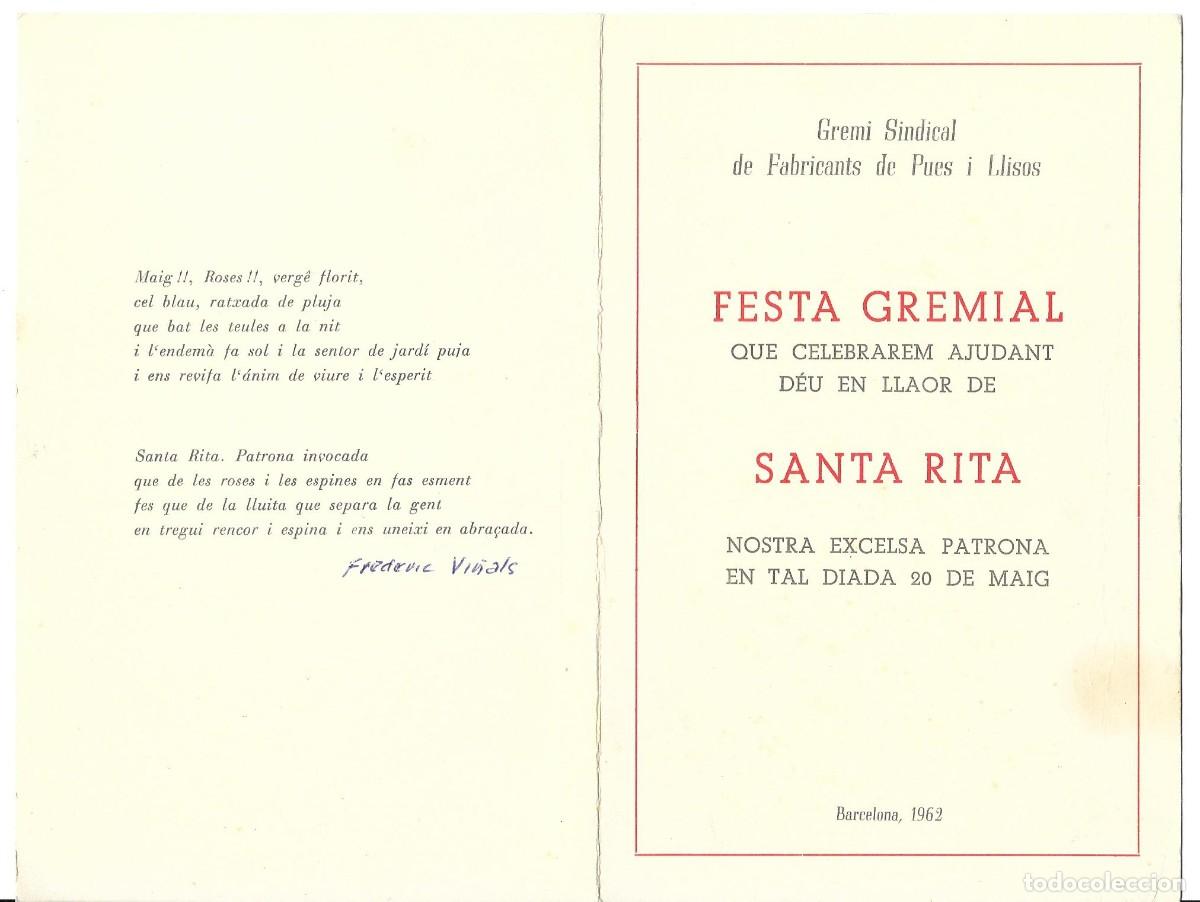 Otros art&iacute;culos de coleccionismo en papel: Men&uacute; dinar Festa gremial Santa Rita Fabricants de pues i llisos (Barcelona, 1962)