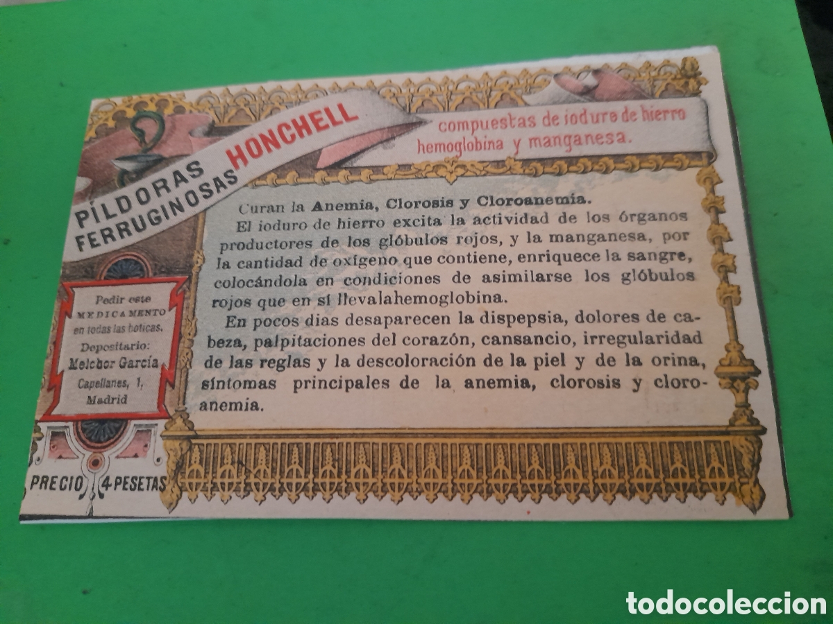 Otros Art&iacute;culos de Coleccionismo en Papel: Antiguo recorte publicitario, Pildoras Ferruginosas Honchell, sobre 1890