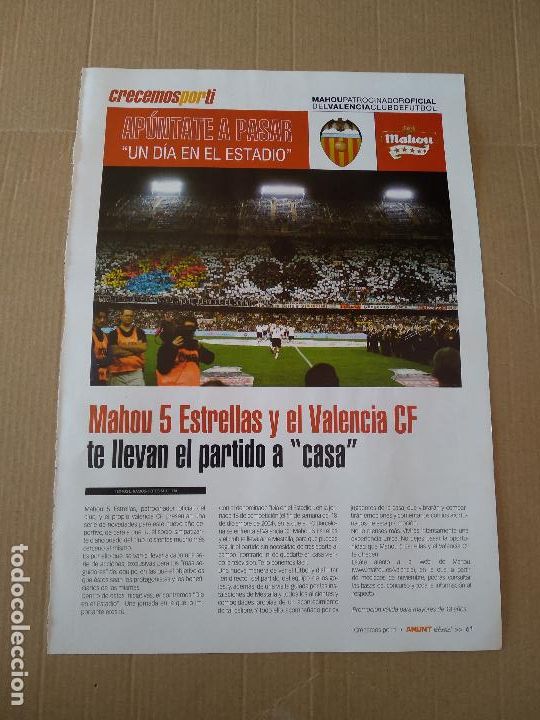 Otros art&iacute;culos de coleccionismo en papel: HOJA REVISTA VALENCIA PUBLICIDAD MAHOU 5 ESTRELLAS UN DIA EN EL ESTADIO RENOVACION EN MESTALLA