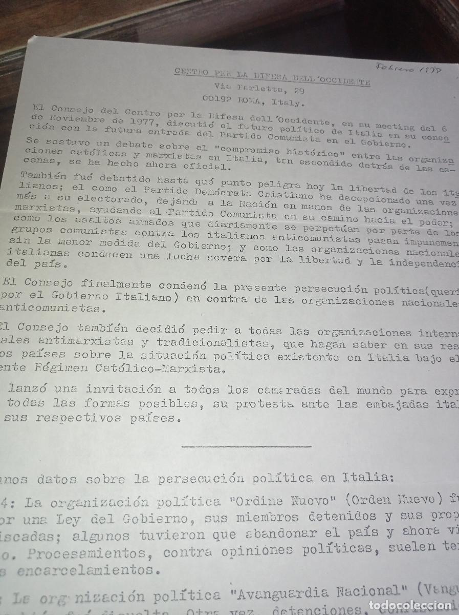 Otros art&iacute;culos de coleccionismo en papel: HOJA 2 CARAS &rdquo;CENTRO PER LA DIFESA DELL'OCCIDENTE&rdquo; PERSECUCI&Oacute;N POLITICA ITALIA 1978 REF. UR MES 3 A