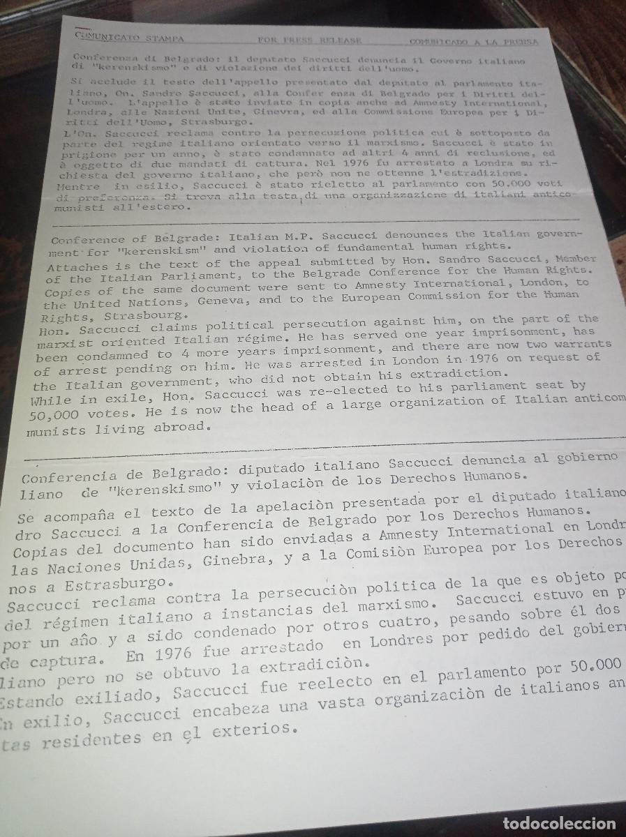 Otros art&iacute;culos de coleccionismo en papel: 2 HOJAS GRAPADAS SACUCCI DENUNCIA AL GOBIERNO ITALIANO POR KERENSKISMO ITALIA 1978 REF. UR MES 3 A