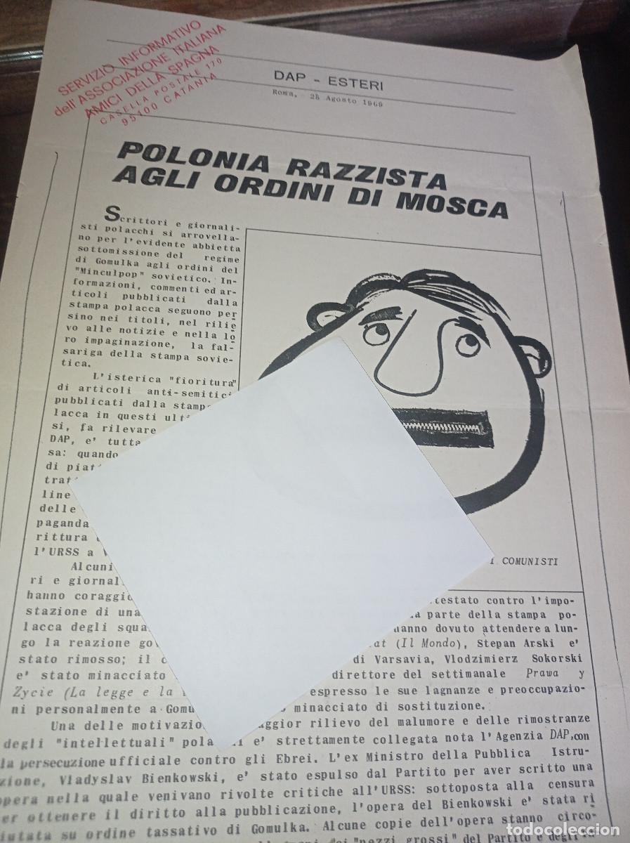 Otros art&iacute;culos de coleccionismo en papel: HOJA DAP-ESTERI POLONIA RAZZISTA AGLI ORDINI DI MOSCA. ROMA 1969 UR MES 3 A