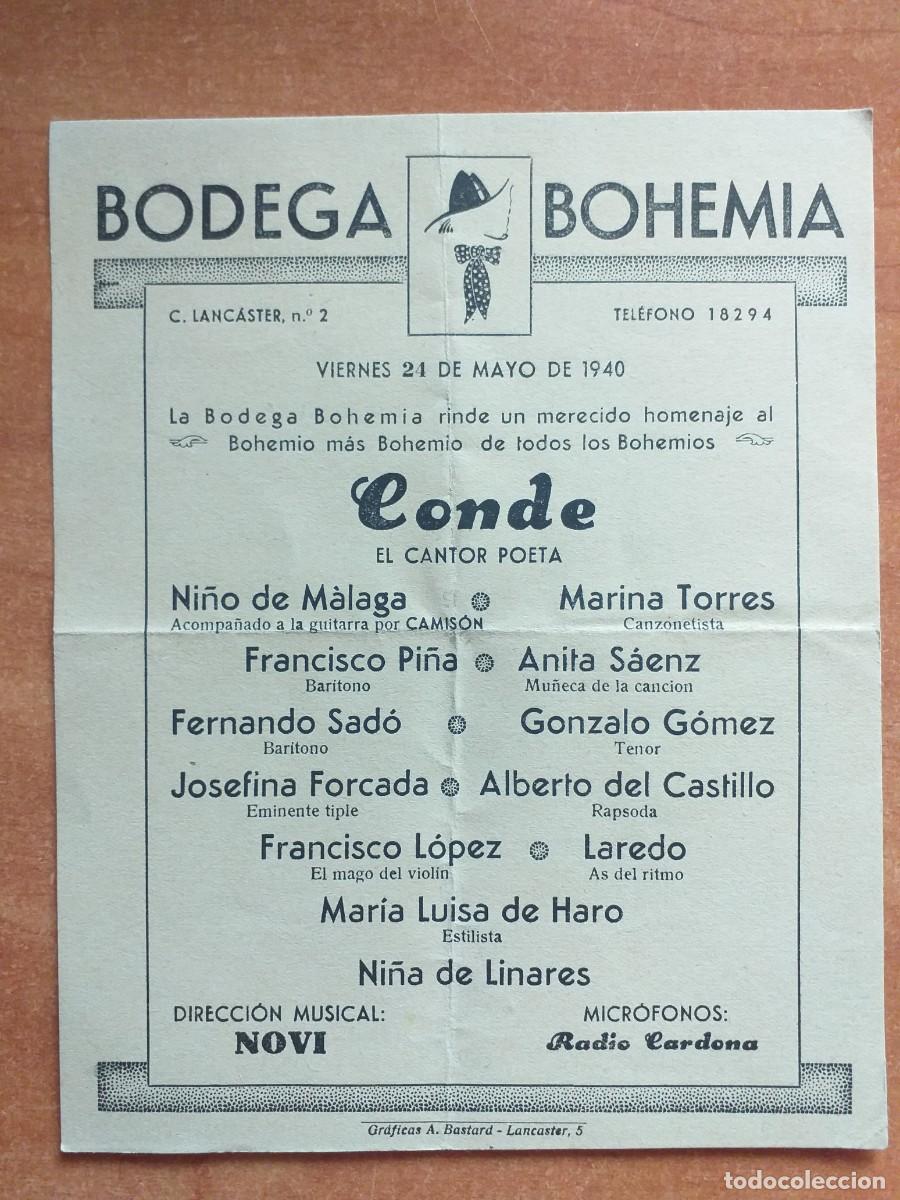 Collectionnisme Papier divers: 1940 - FOLLETO BODEGA BOHEMIA - BARCELONA