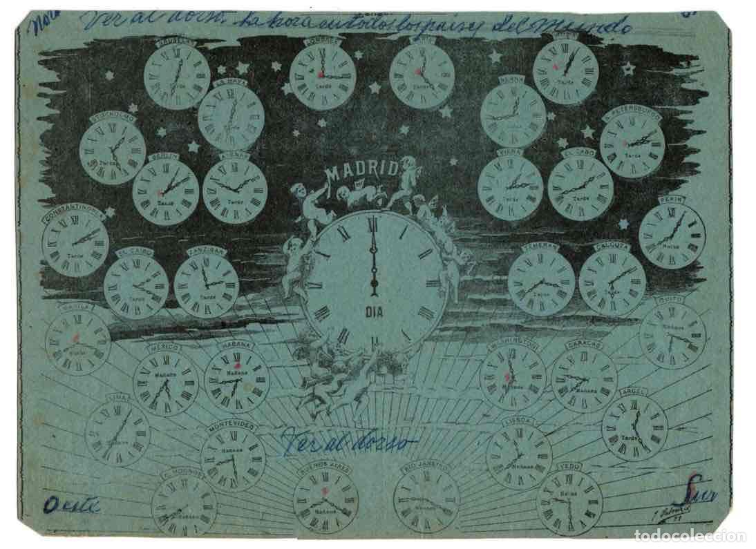 Paper Collecting Others: CURIOSO CUADRO HORARIO CON RELOJES DE DISTINTOS PUNTOS DEL GLOBO. REFERENCIA MADRID 1891