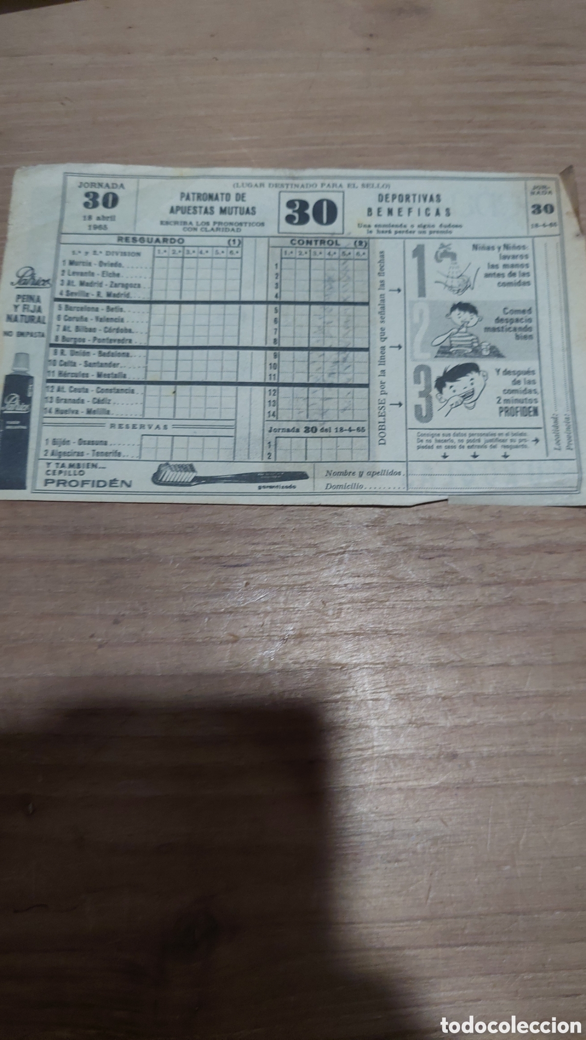 Collectionnisme Papier divers: Deportes f&uacute;tbol quiniela jornada 30 18 abril 1965 apuestas publicidad profiden