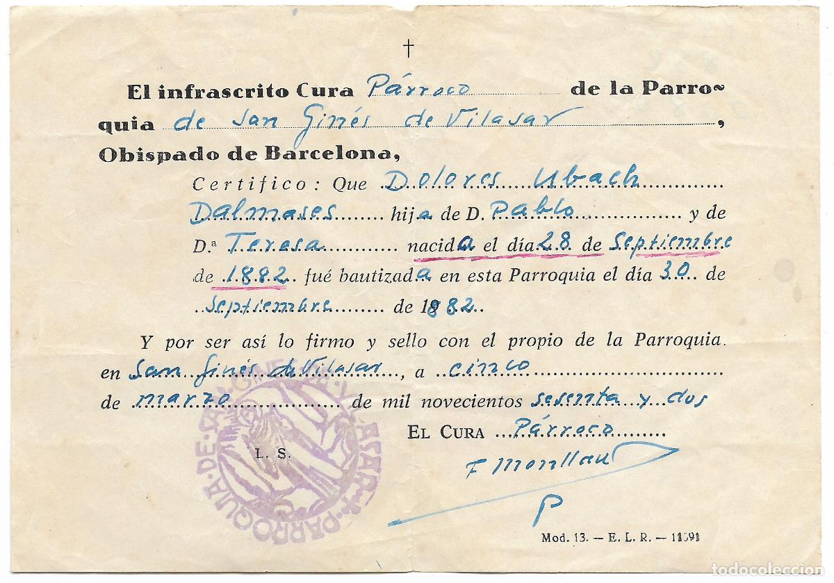 Otros Art&iacute;culos de Coleccionismo en Papel: SAN GINES DE VILASAR -CERTIFICACION DE NACIMIENTO A&Ntilde;O 1882